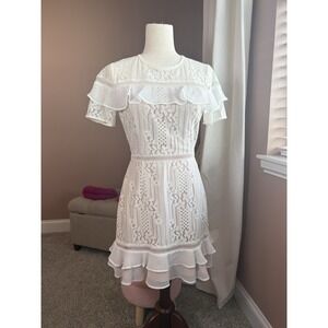 Adelyn Rae White Lace Ruffle Dress Romantic Feminine Mini Dress Size S
